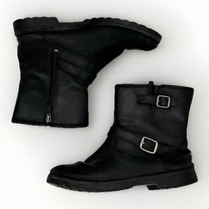 UGG Kids Black Leather Buckle Boots